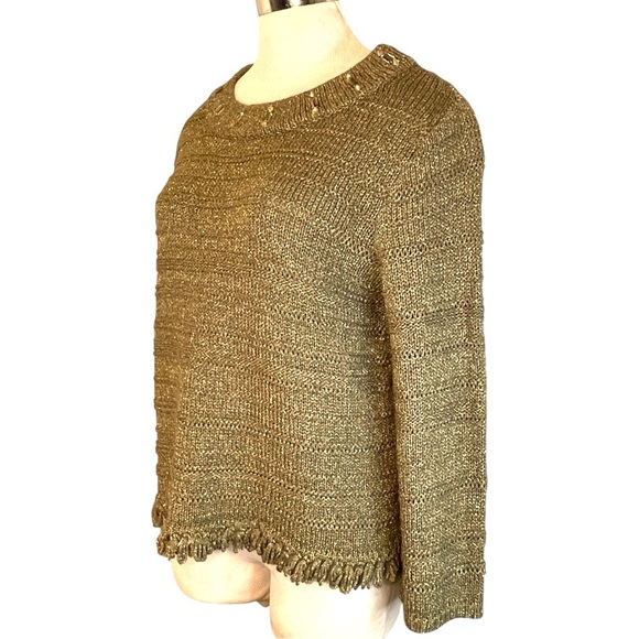 Gold Metallic Jewel Faceted Stone Neckline Sweater - Picture 7 of 14